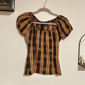 Afends Brown & Tan Short Puff Sleeve Scoop Neck Blouse Top Shirt Size 4